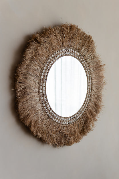 Ronde raffia wandspiegel