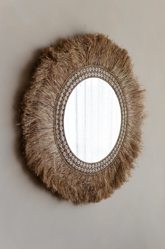 Ronde raffia wandspiegel